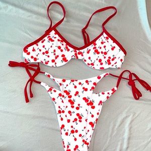 Romwe Cherry Print Thong bikini, two bottoms Sz S